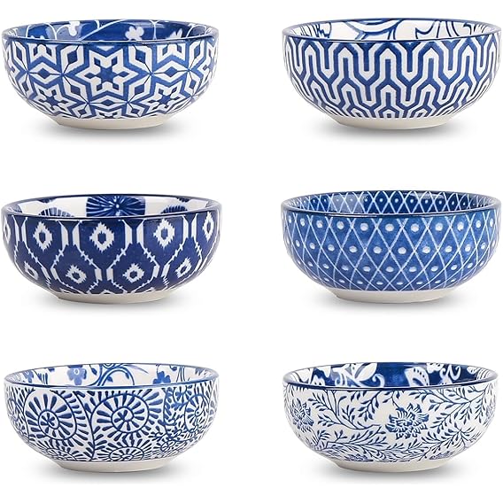 Selamica Ceramic Mini Dipping Bowls, Vintage Blue, Set of 6